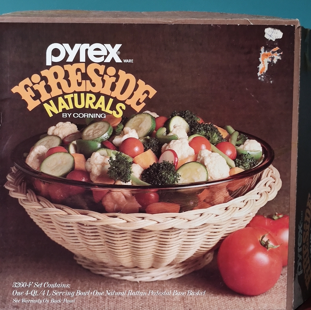 Vintage Pyrex Fireside Serving Bowl and Natural Rattan Basket